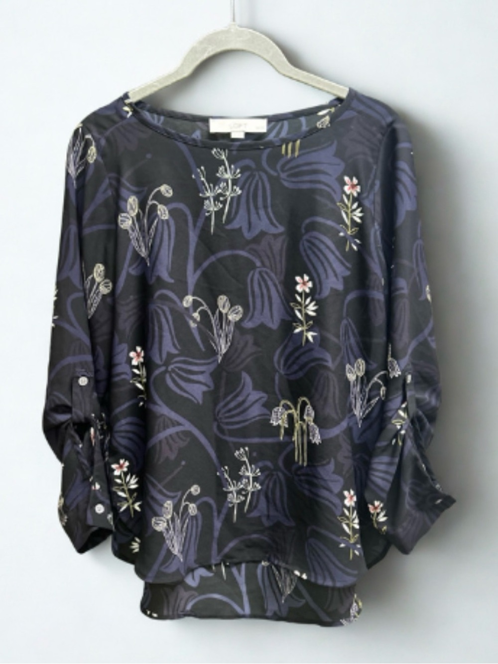 LOFT Black Botanical Dark Floral Popover Blouse Romantic Boho Top Petite Small